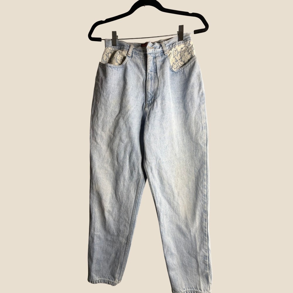Vintage Bonjour High Waisted Lace Inset Mom Jeans Light Wash Tapered Leg 11/12